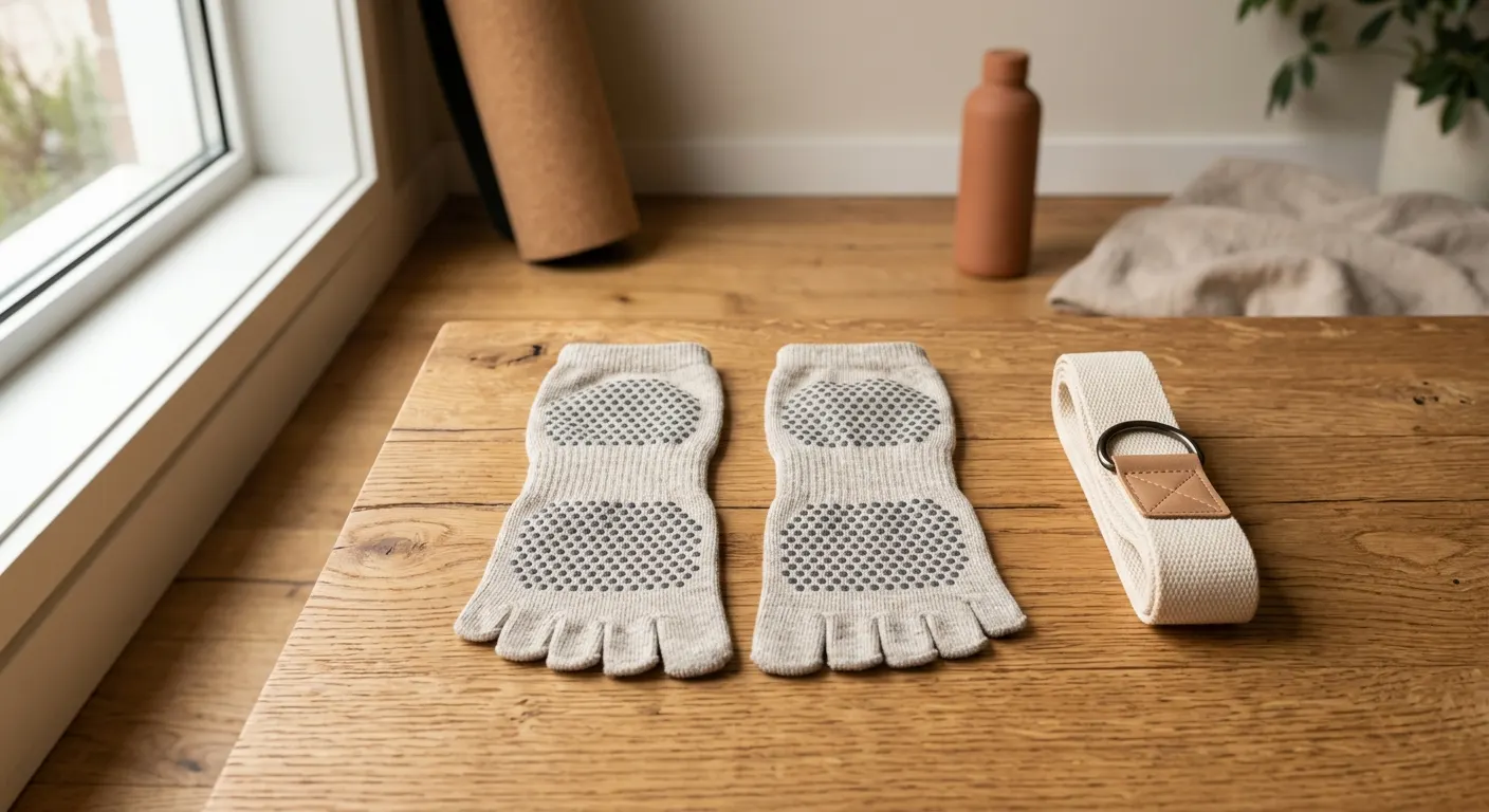 A pair of open-toe grip socks with full-sole silicone dots laid flat on a warm wood surface beside a folded reformer strap in natural light